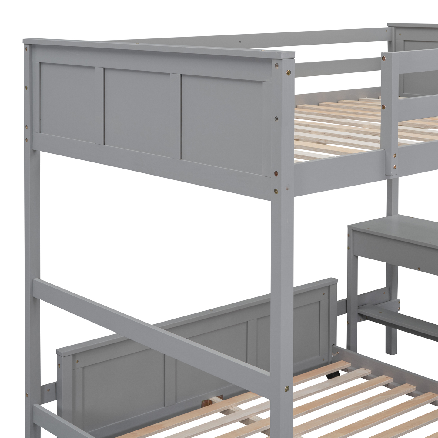 Gray wooden bunk bed frame with integrated ladder step