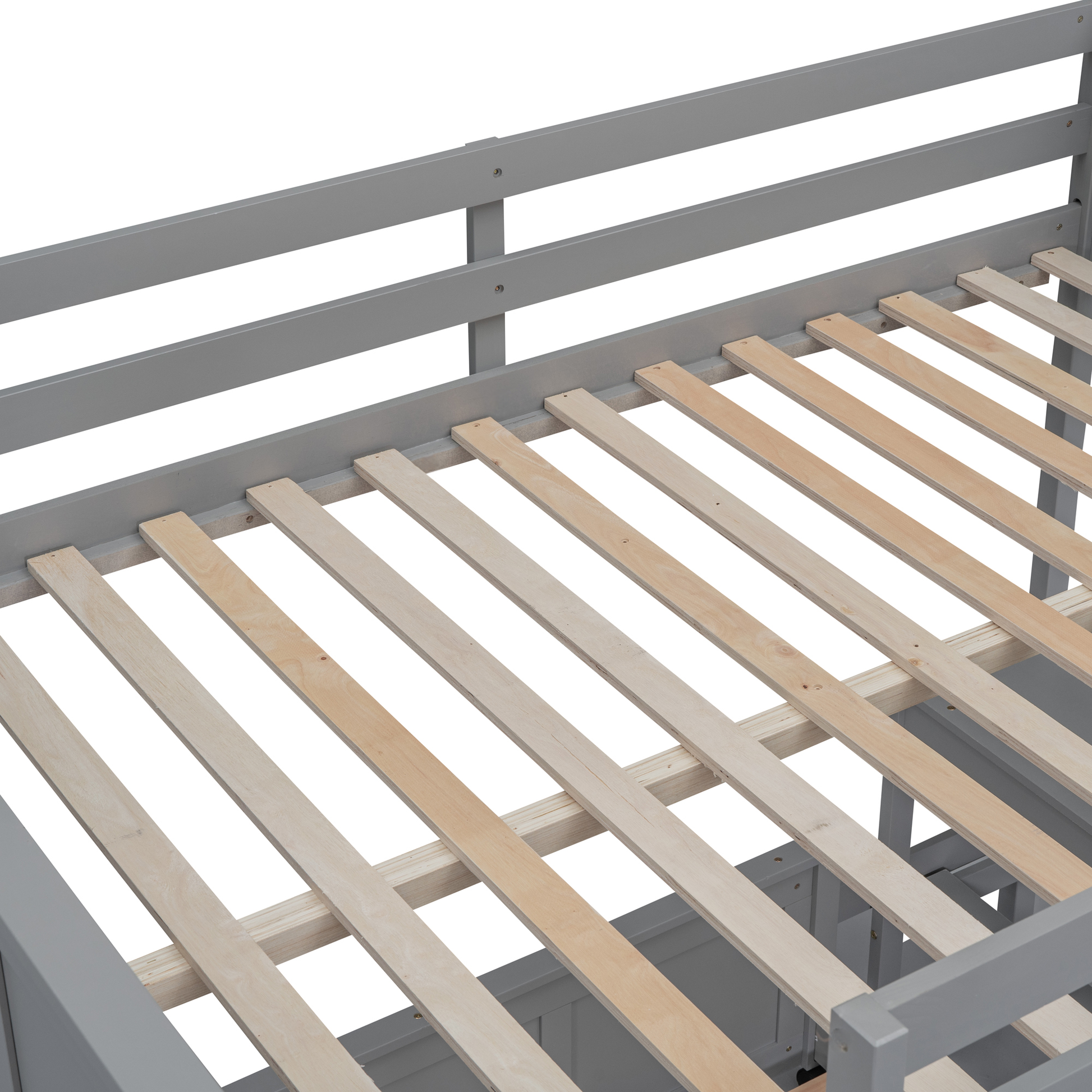 Gray wooden bunk bed frame with slatted base