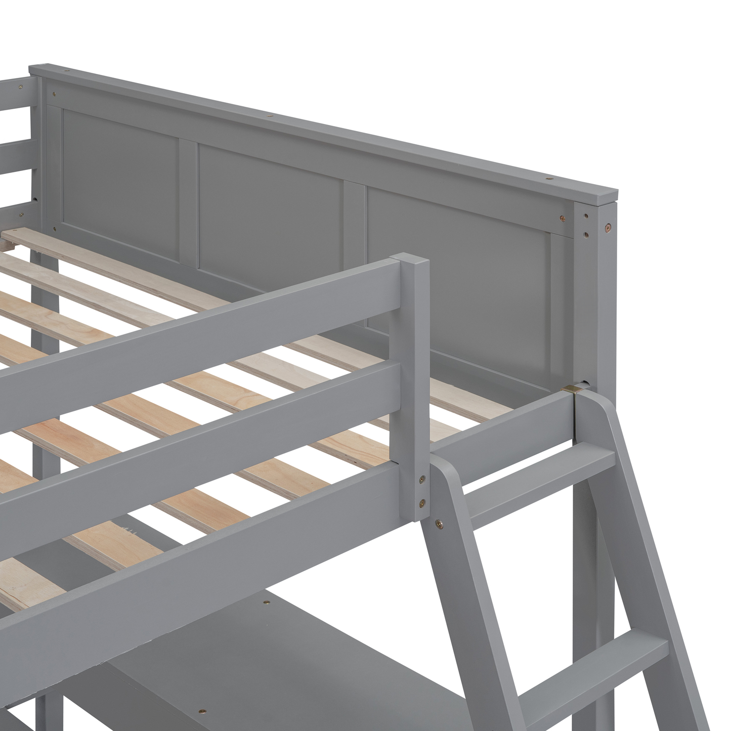 Gray wooden bunk bed frame with slatted mattress support and ladder detail