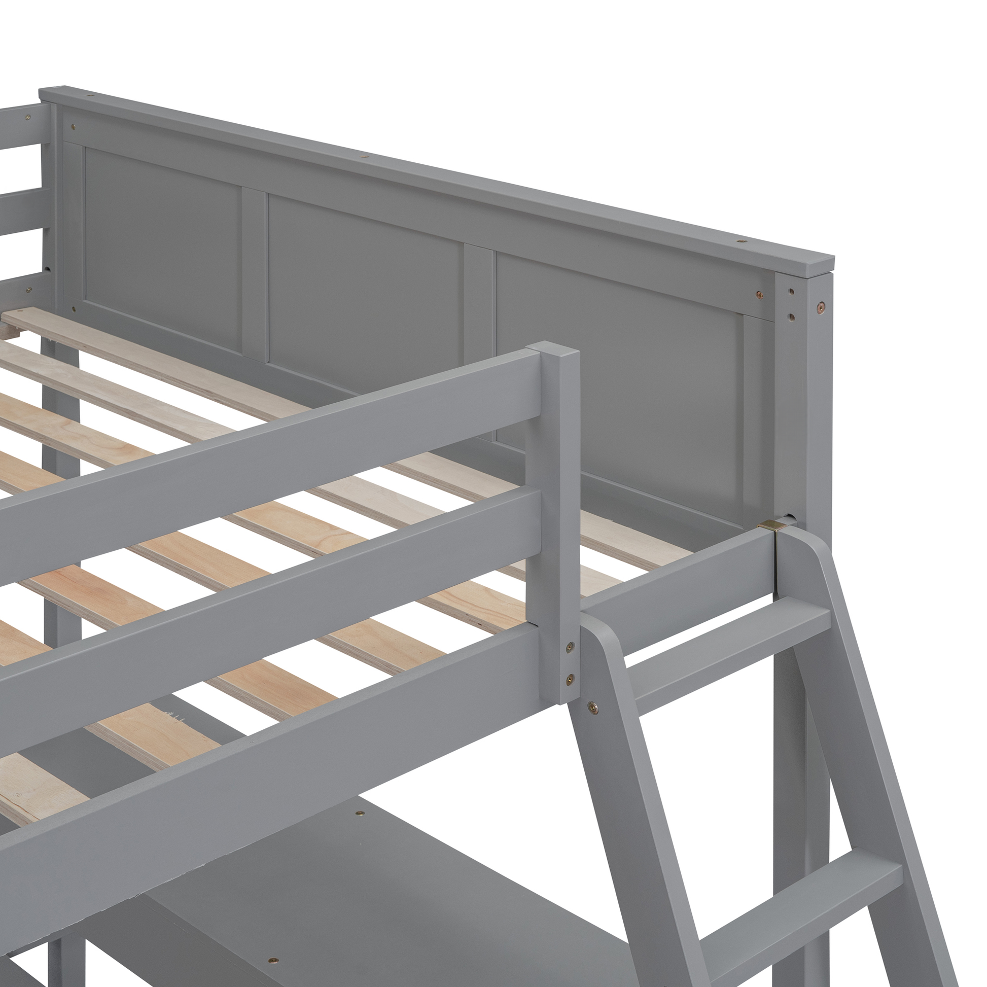 Gray wooden bunk bed frame with slatted mattress support and ladder detail
