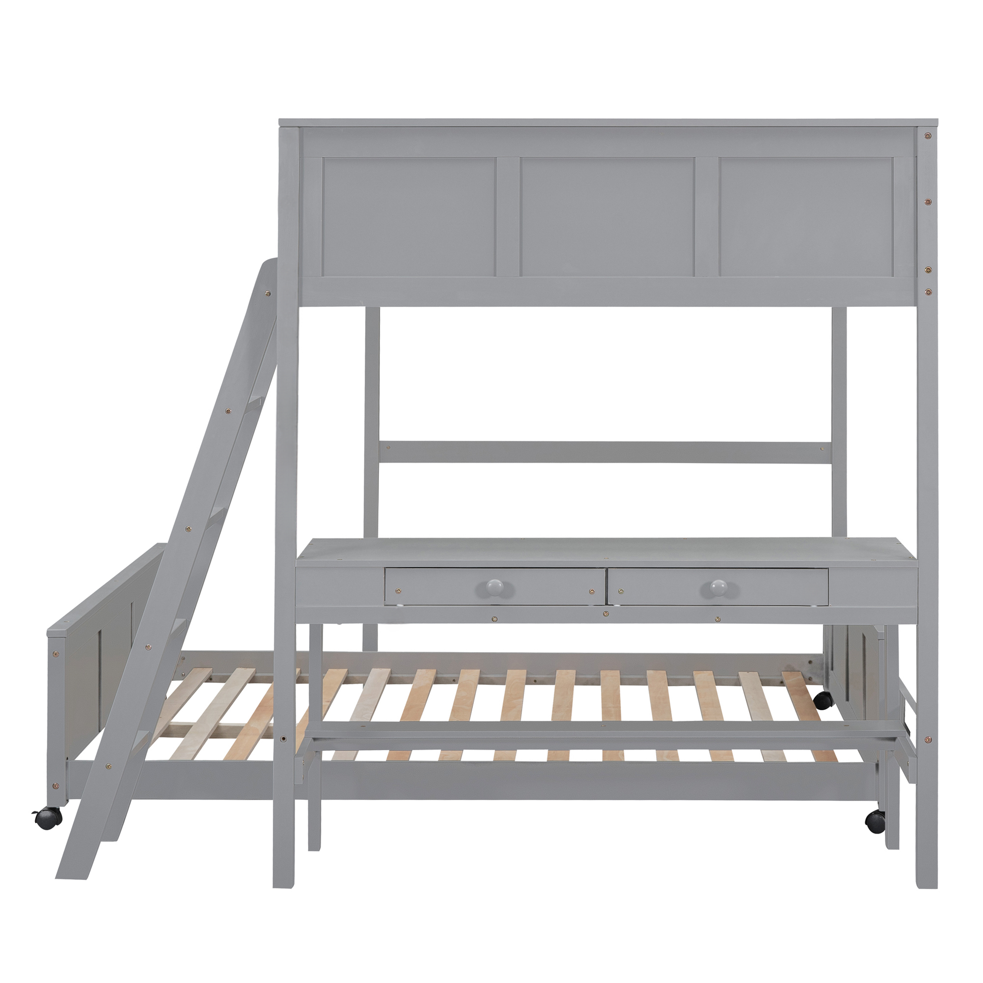 Grey triple bunk bed with ladder and desk