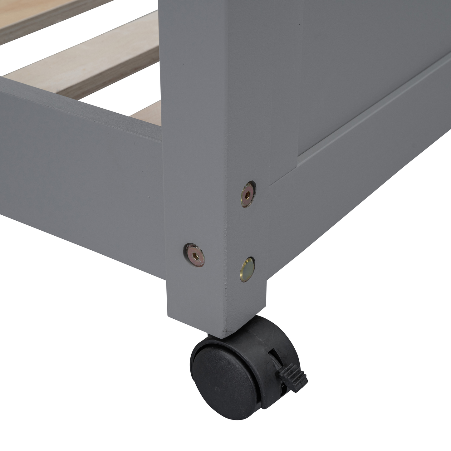 Grey wooden bed frame corner with rolling caster wheel