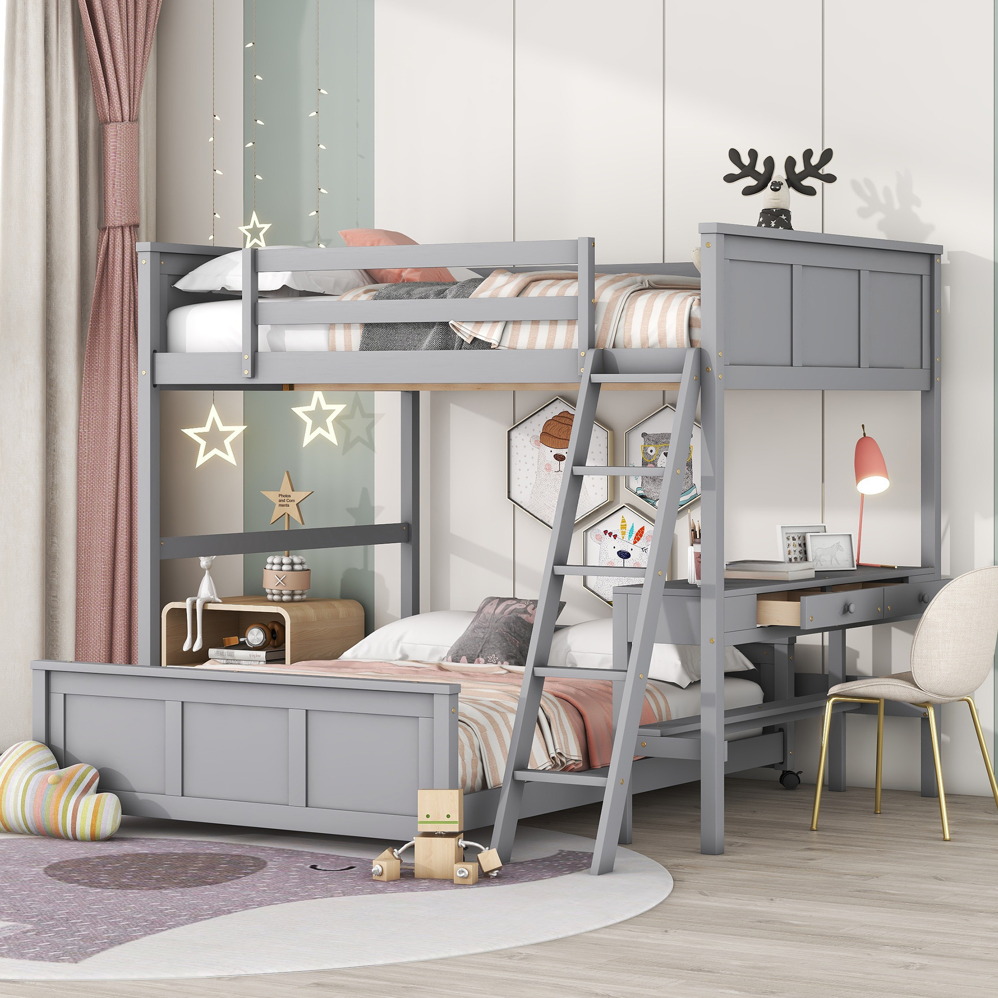 Grey wooden twin over twin bunk bed with builtin desk and ladder