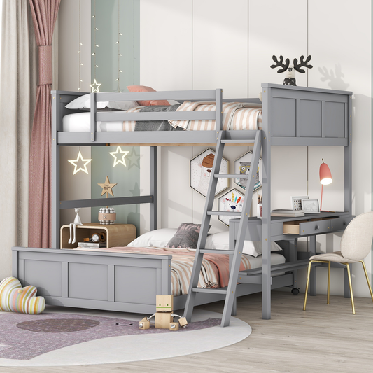 Grey wooden twin over twin bunk bed with builtin desk and ladder
