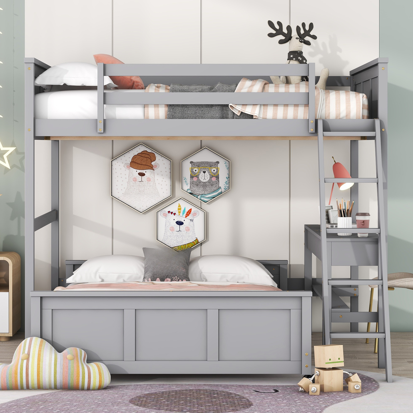Gray metal loft bed with desk and ladder for kids room