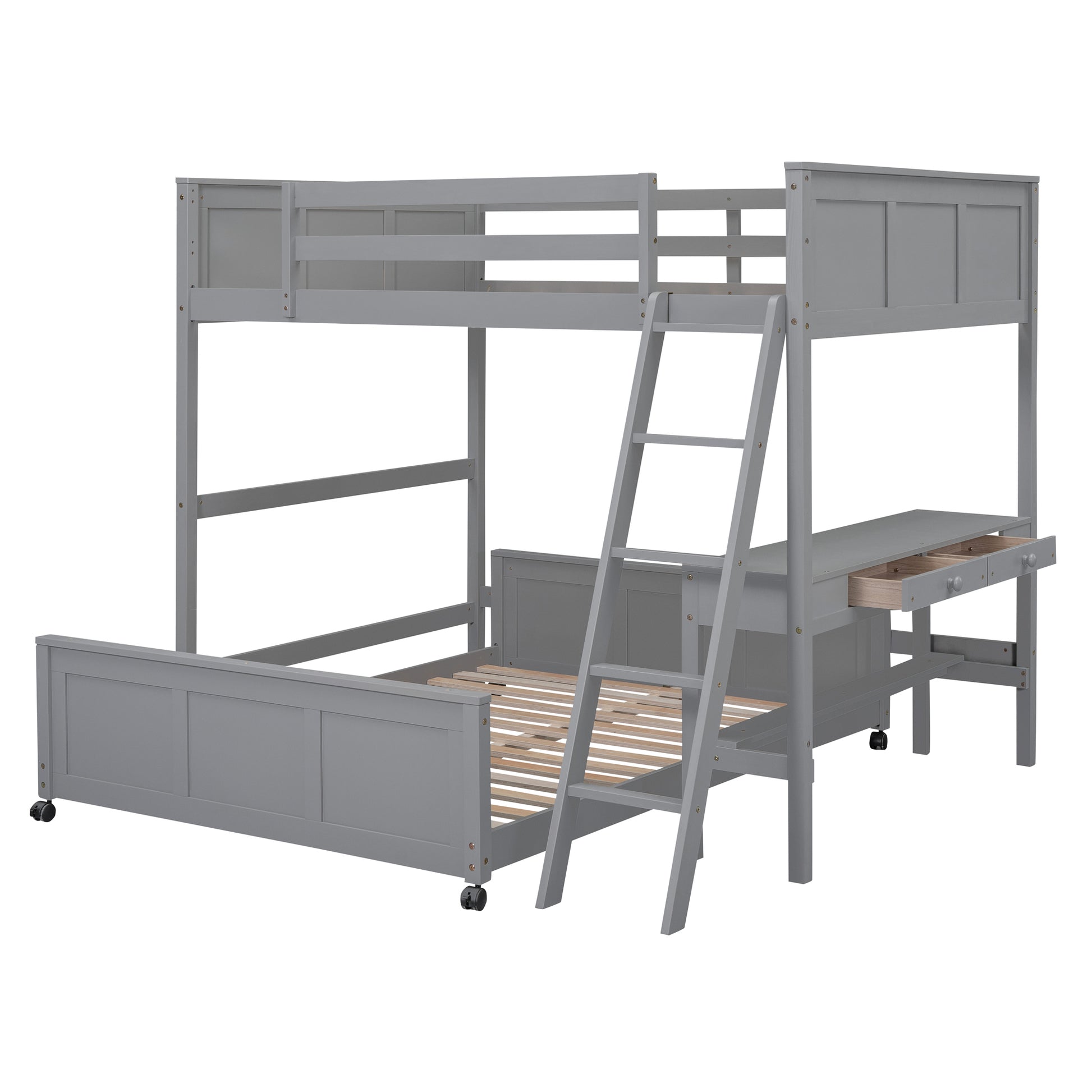 Gray wood loft bed with desk and drawers