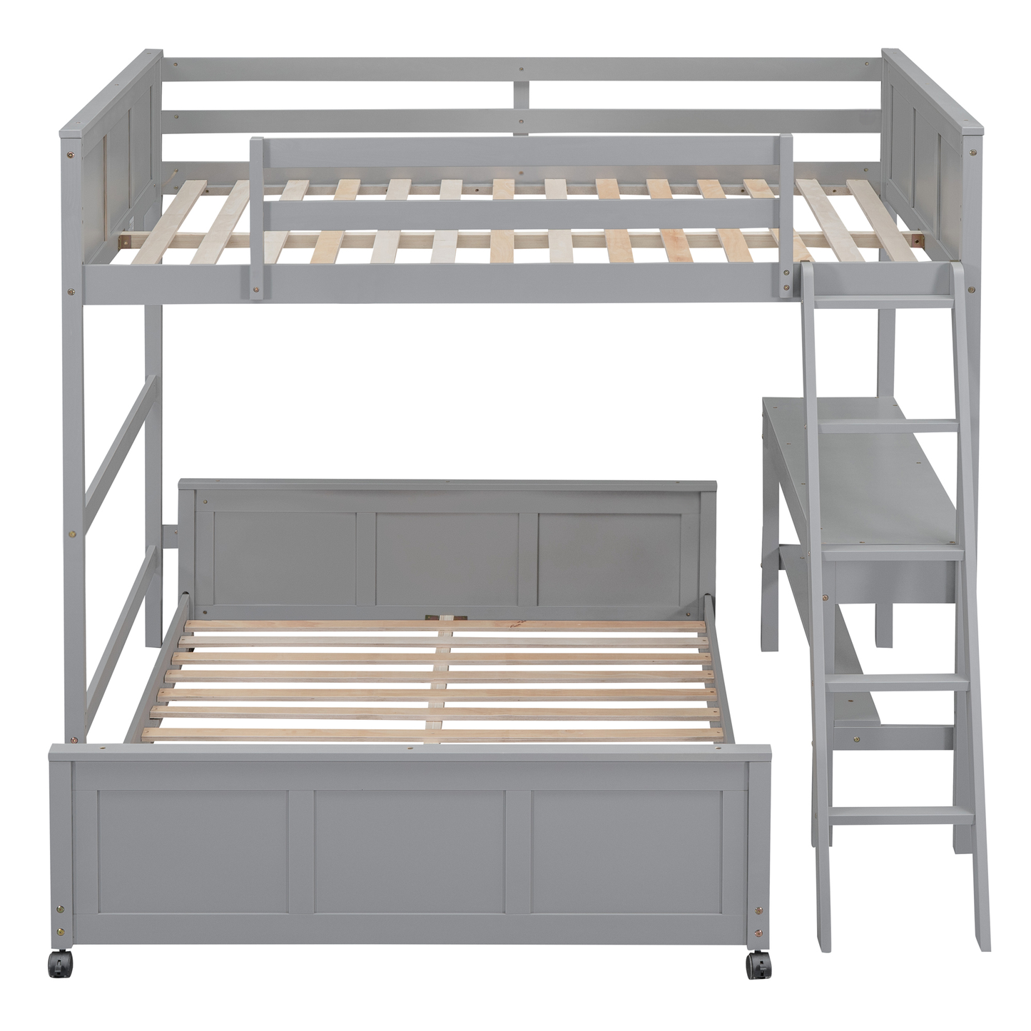 Gray wooden triple bunk bed with stairs