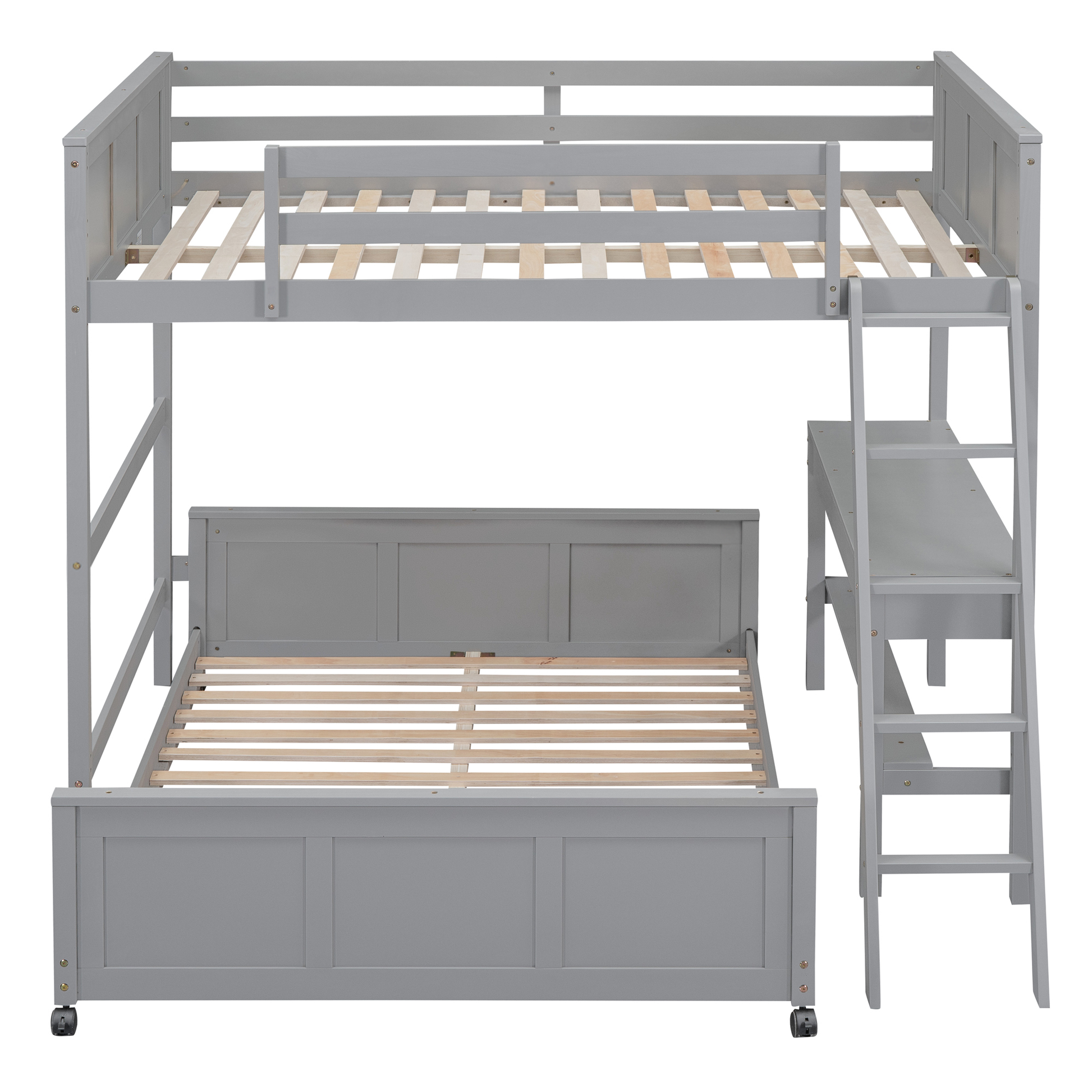 Gray wooden triple bunk bed with stairs