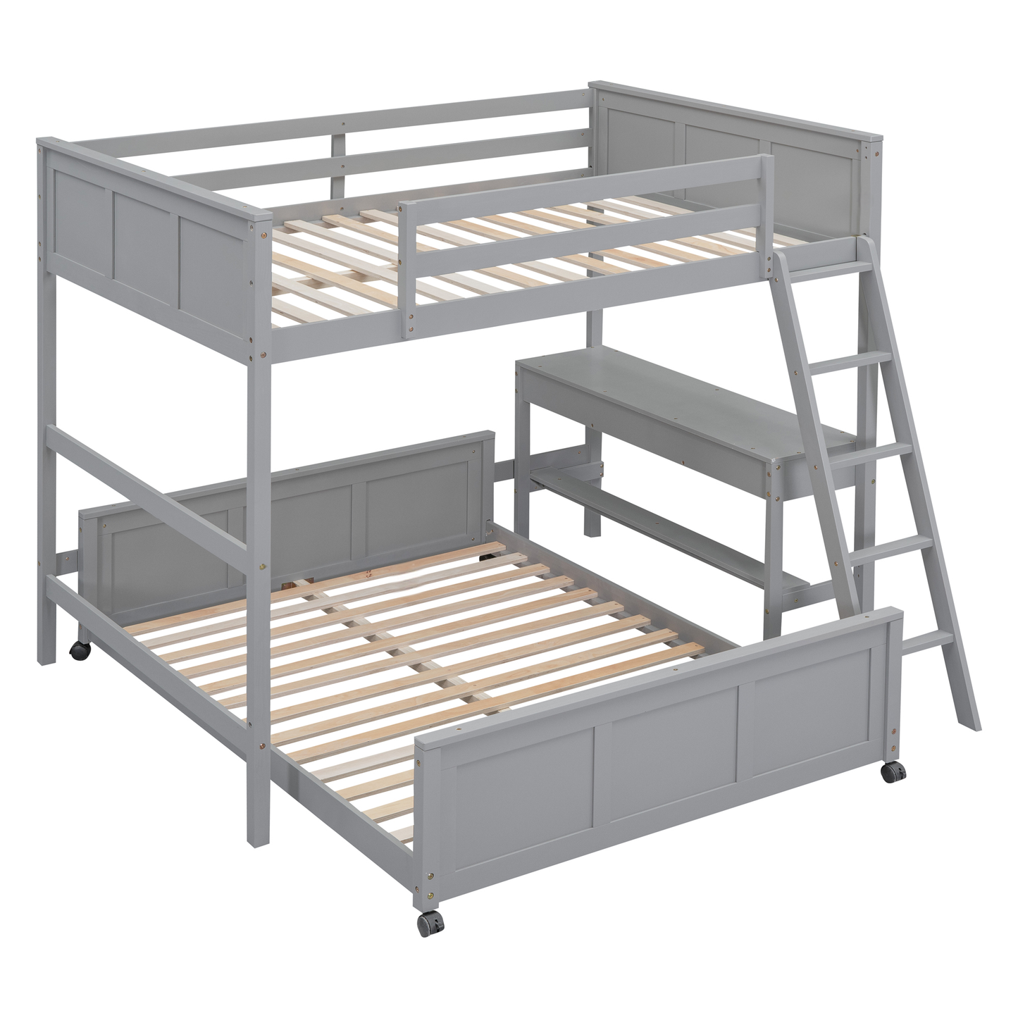 Gray wooden bunk bed with slideout trundle and builtin desk