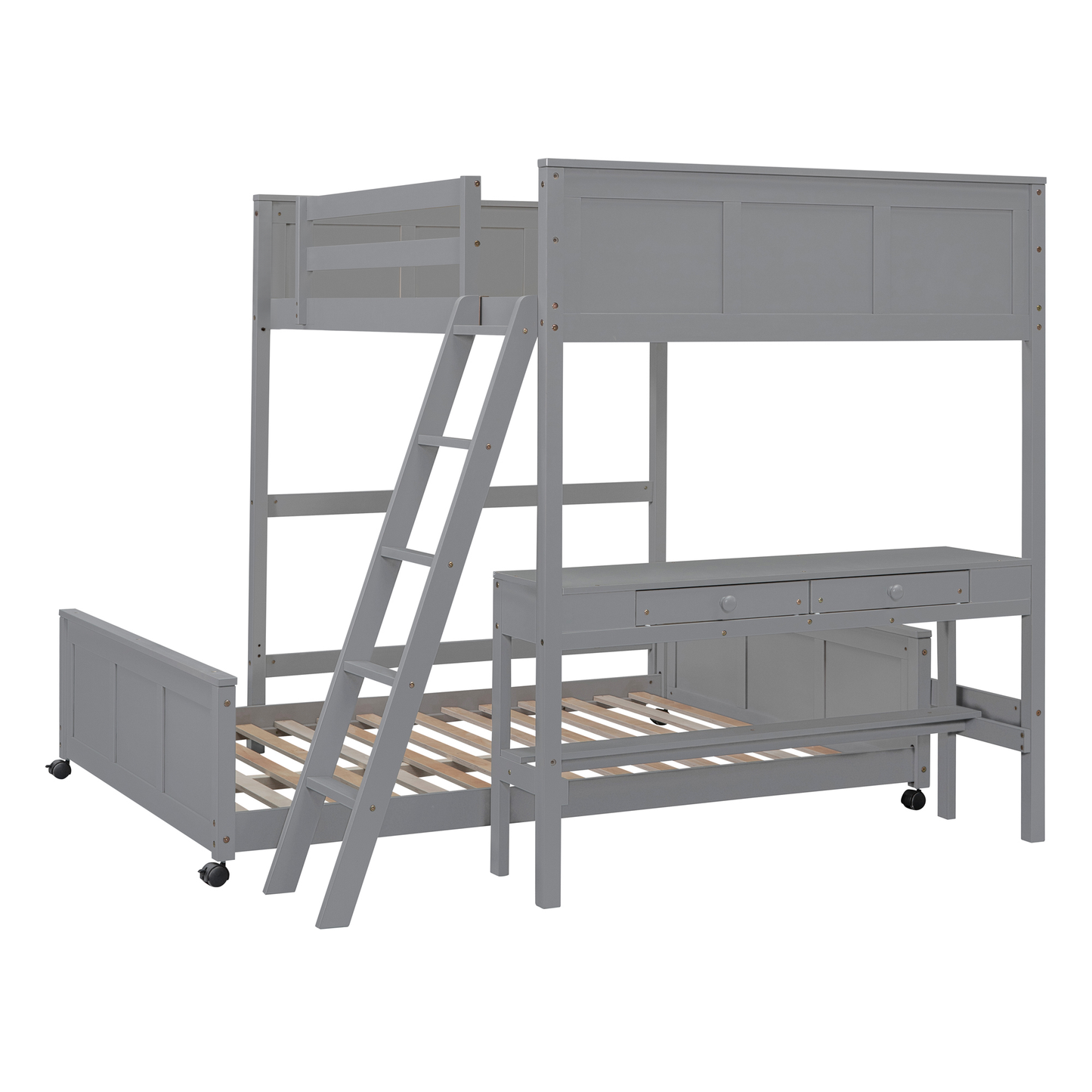 Gray wooden bunk bed with desk and ladder