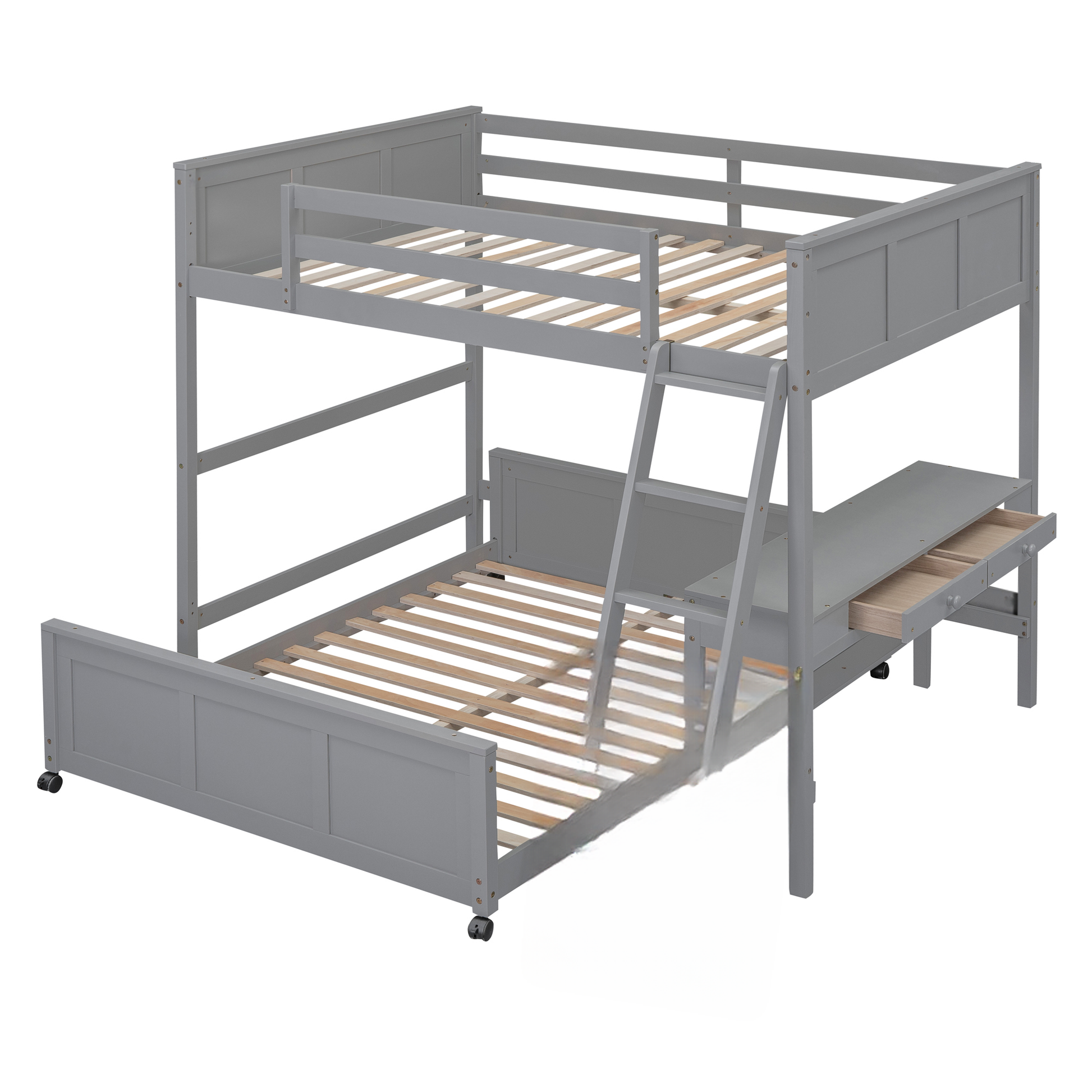 Grey wooden triple bunk bed with desk and drawers