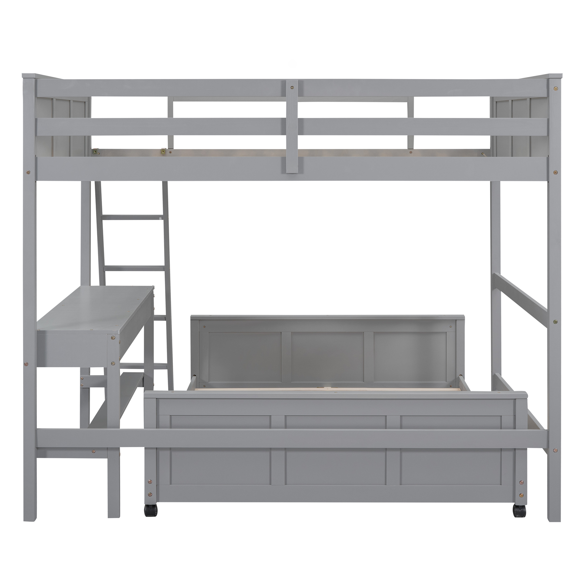 Gray wooden loft bed with desk and ladder