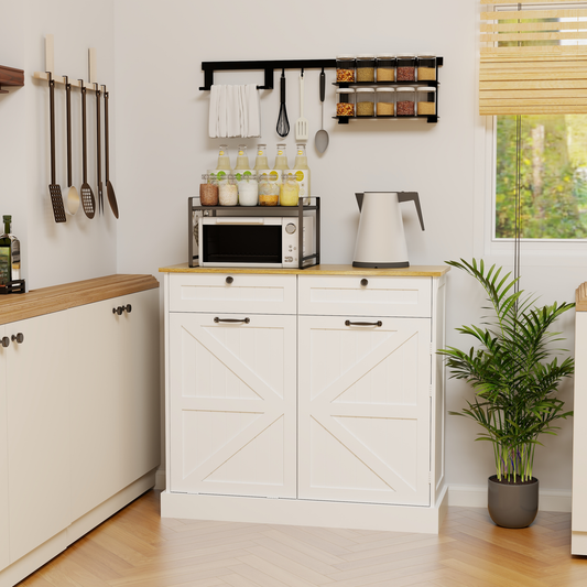 White farmhouse style kitchen cabinet with barn door fronts
