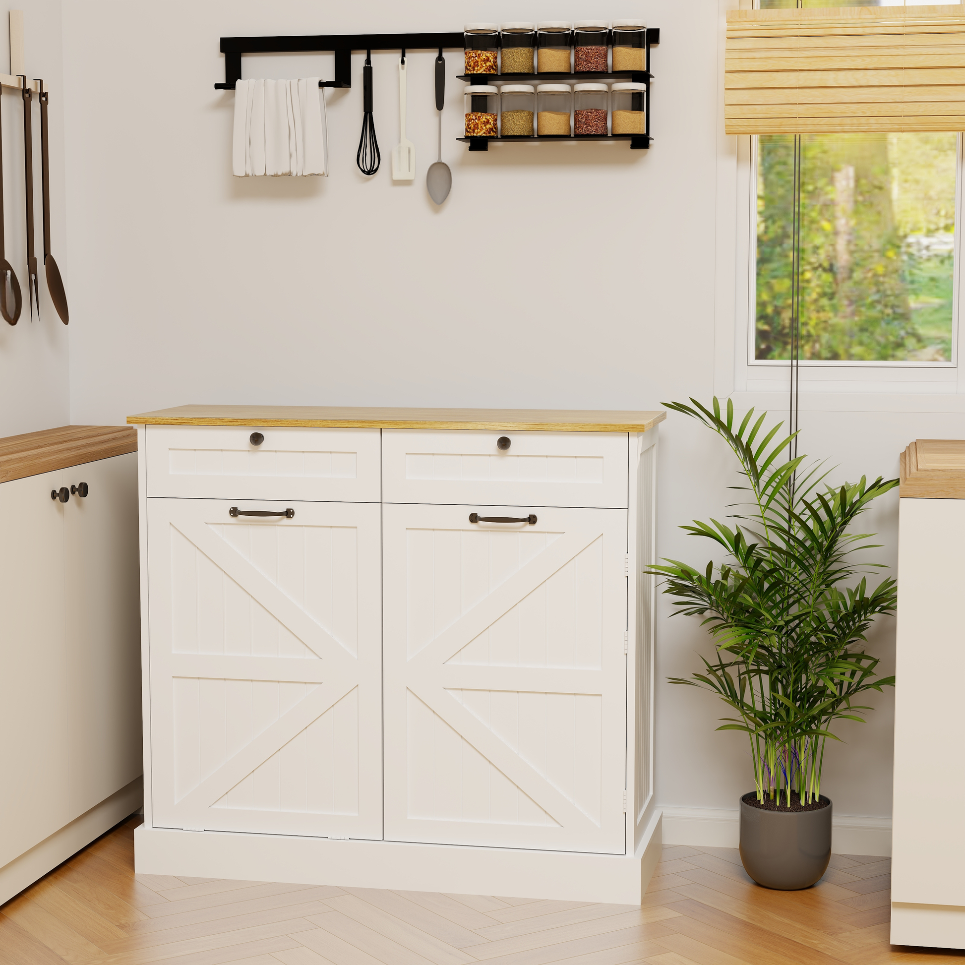 White barn door kitchen cabinet with oak countertop and dark hardware