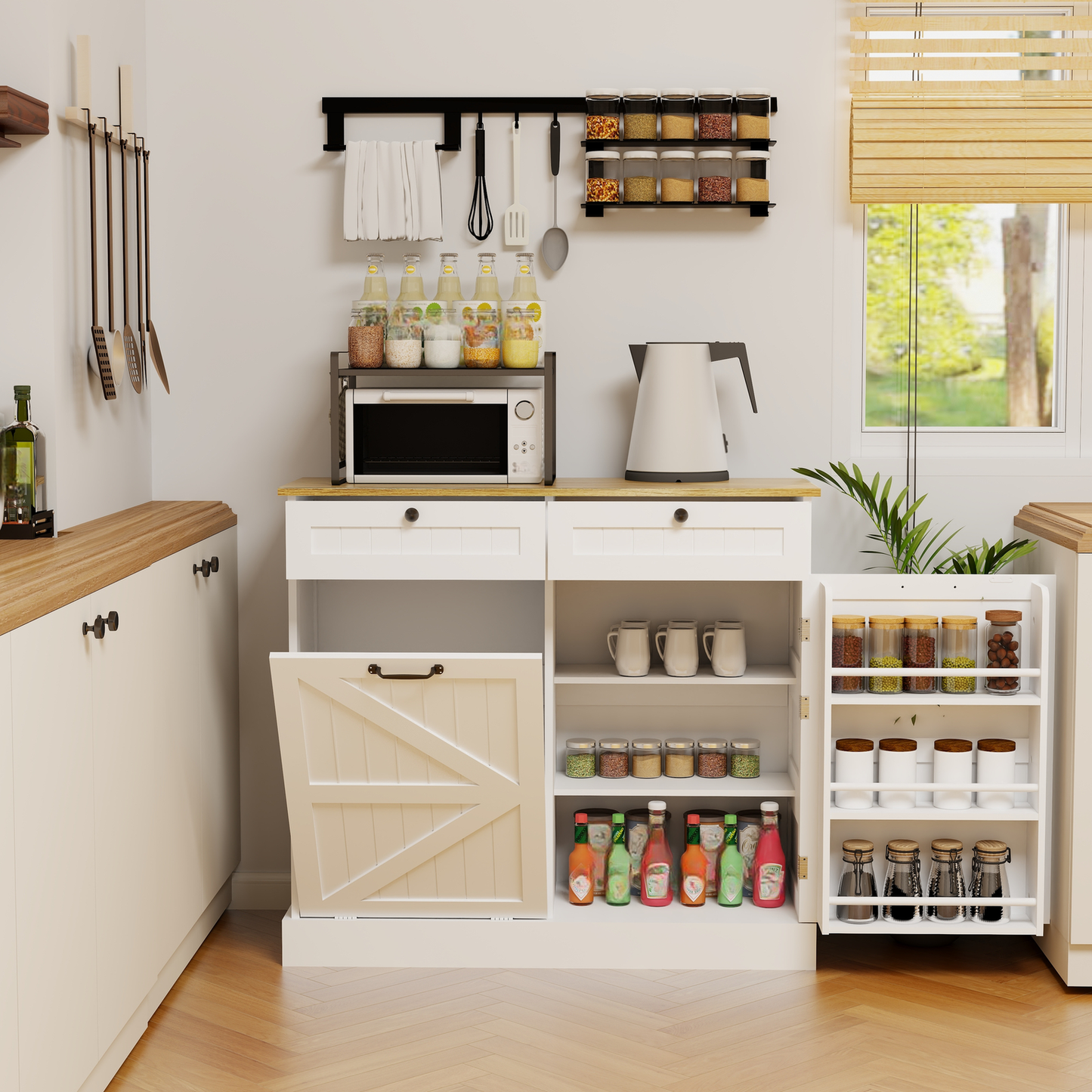 White farmhouse style kitchen cabinet with open doors showcasing pantry storage