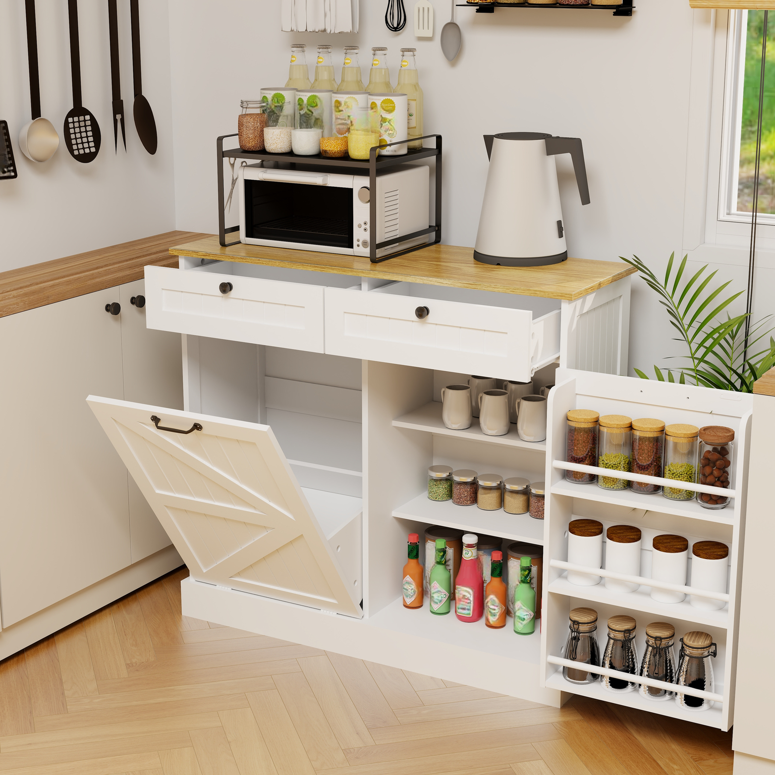 White microwave with black trim on a metal stand in a kitchen