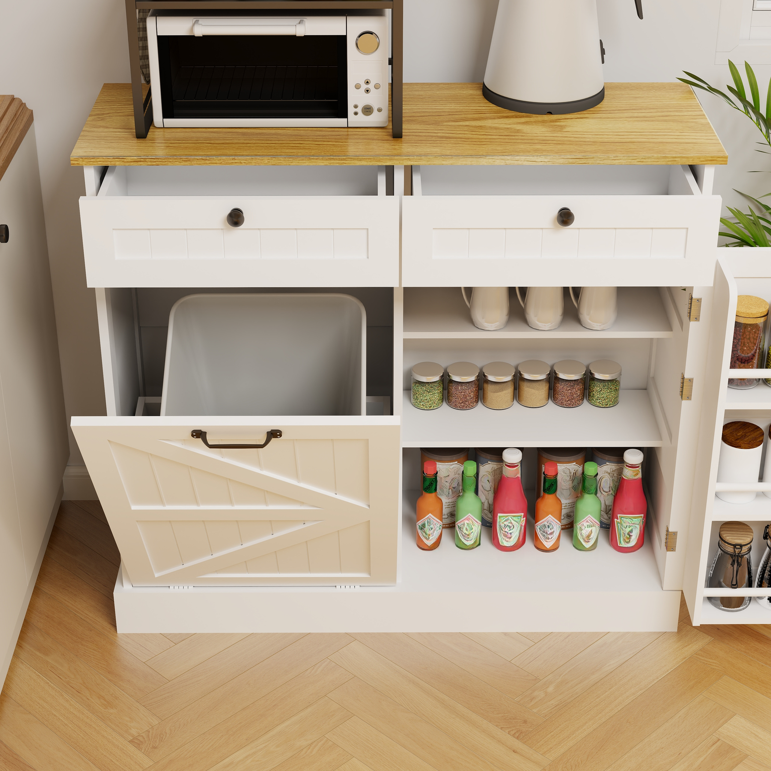 White kitchen island cabinet with double doors and two drawers