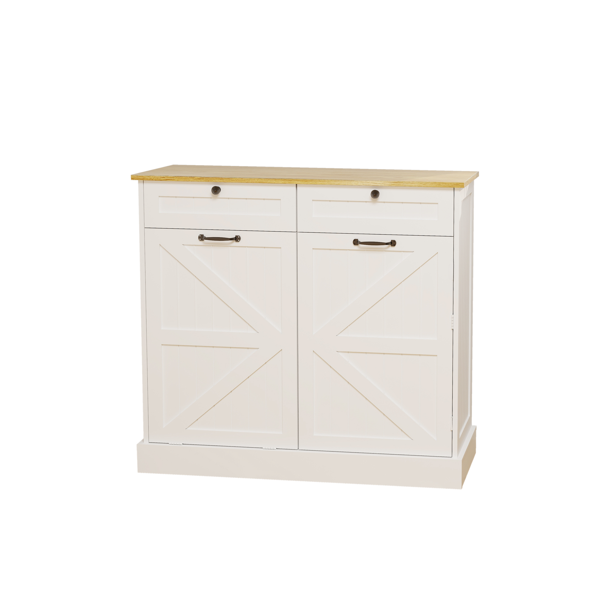 White farmhouse cabinet with two drawers and two barnstyle doors