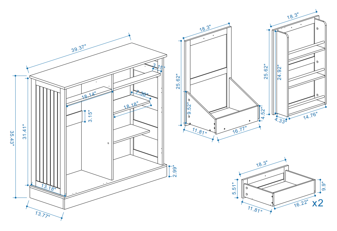 Line drawing of a slatted console table with dimensions