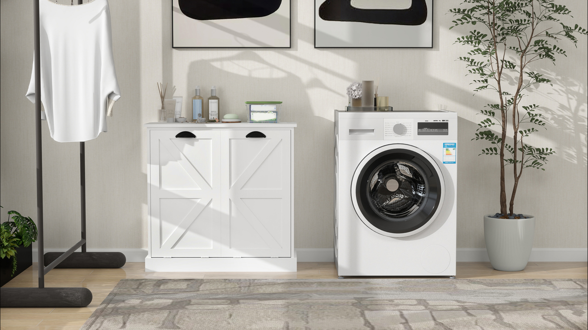 White laundry hamper with double barn doors
