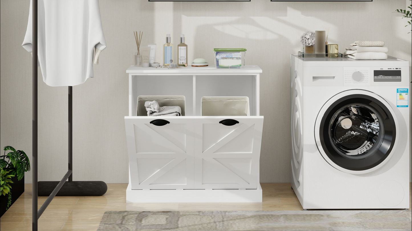 White barn door laundry hamper with two compartments and farmhouse style handles