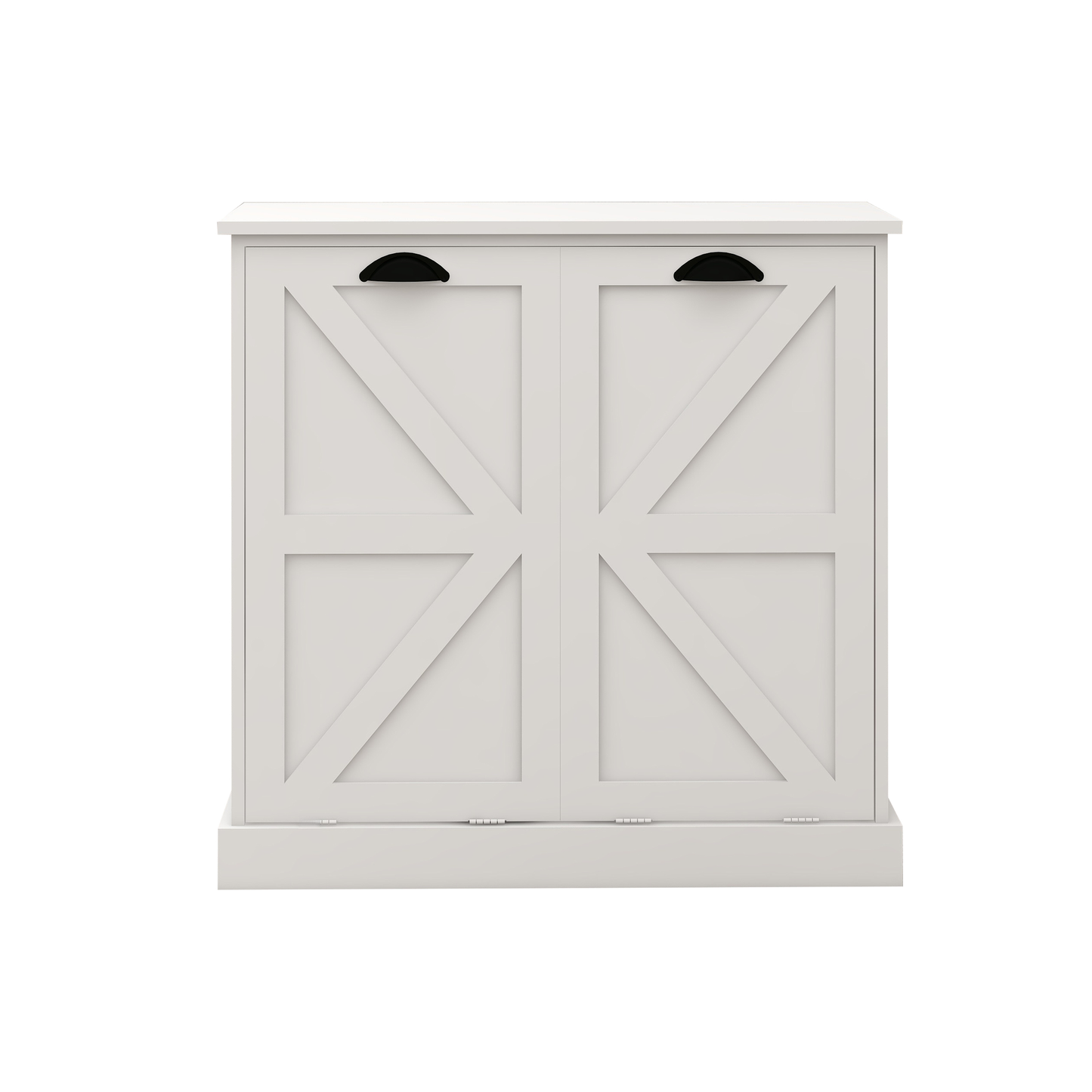 White barn door cabinet with black bin pulls