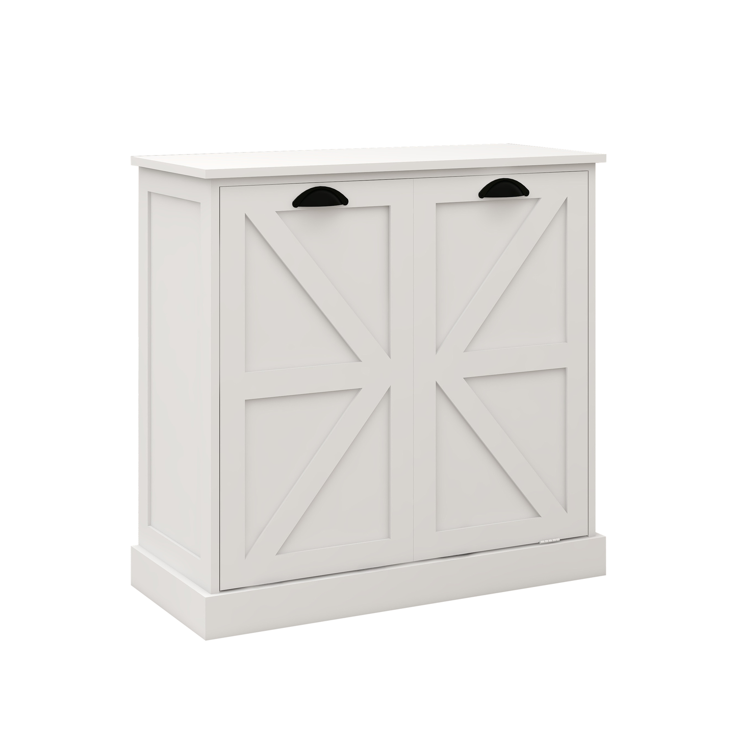 White barn door cabinet with black cup pull hardware