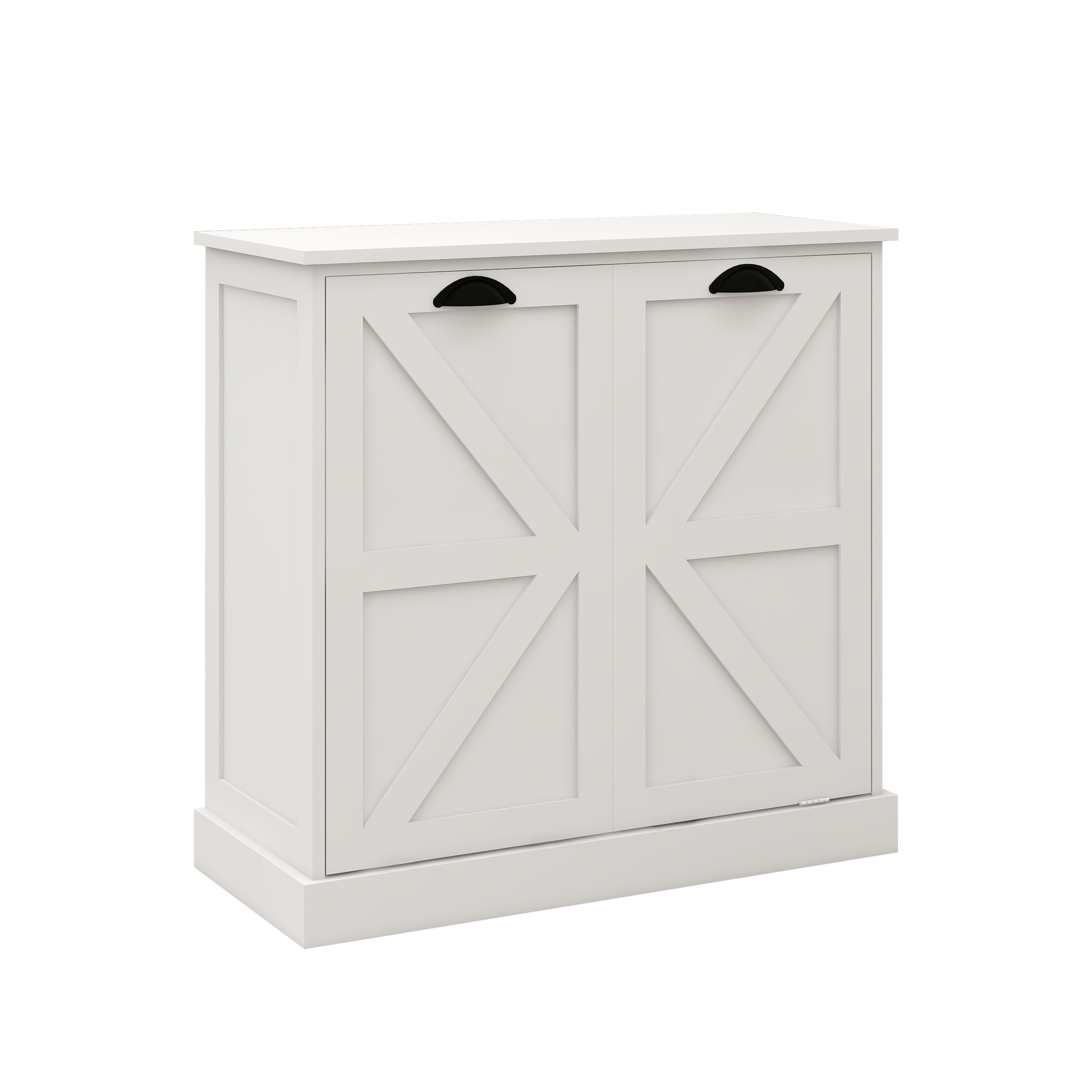 White barn door cabinet with black cup pull hardware