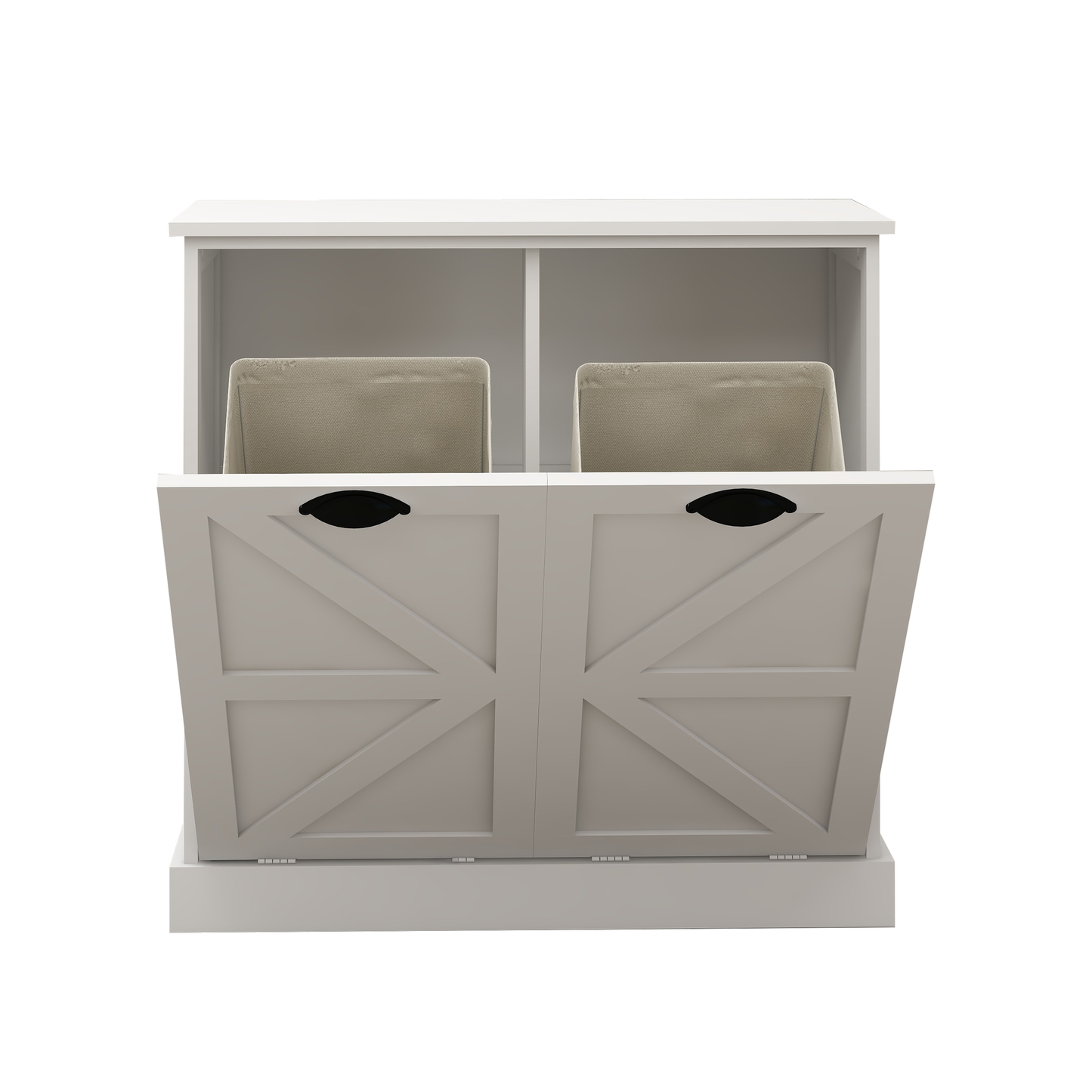 White farmhouse pet feeding station with two woven baskets