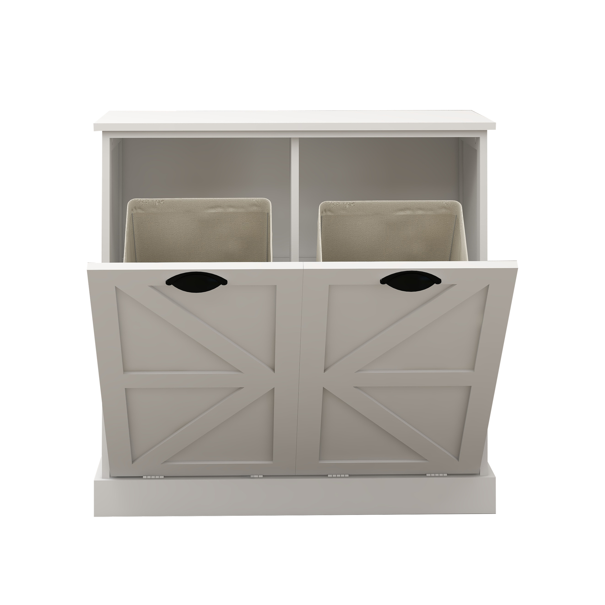 White farmhouse pet feeding station with two woven baskets