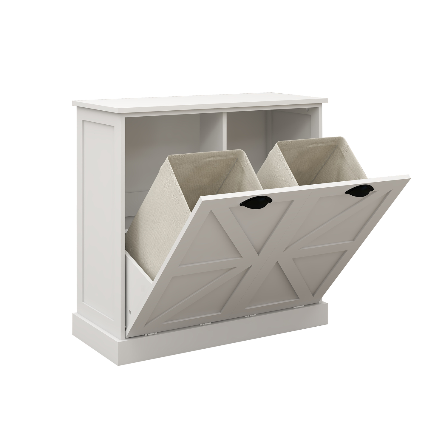 White wooden laundry sorter with two beige fabric bins and xdesign front doors