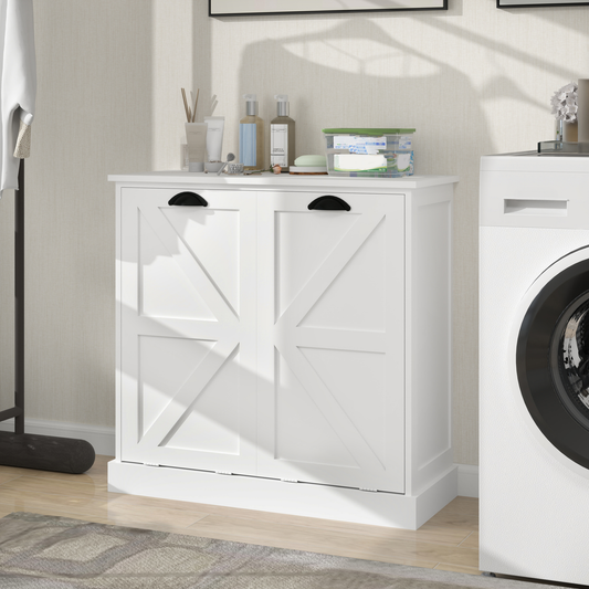 White farmhouse laundry cabinet with double barn doors and black hardware