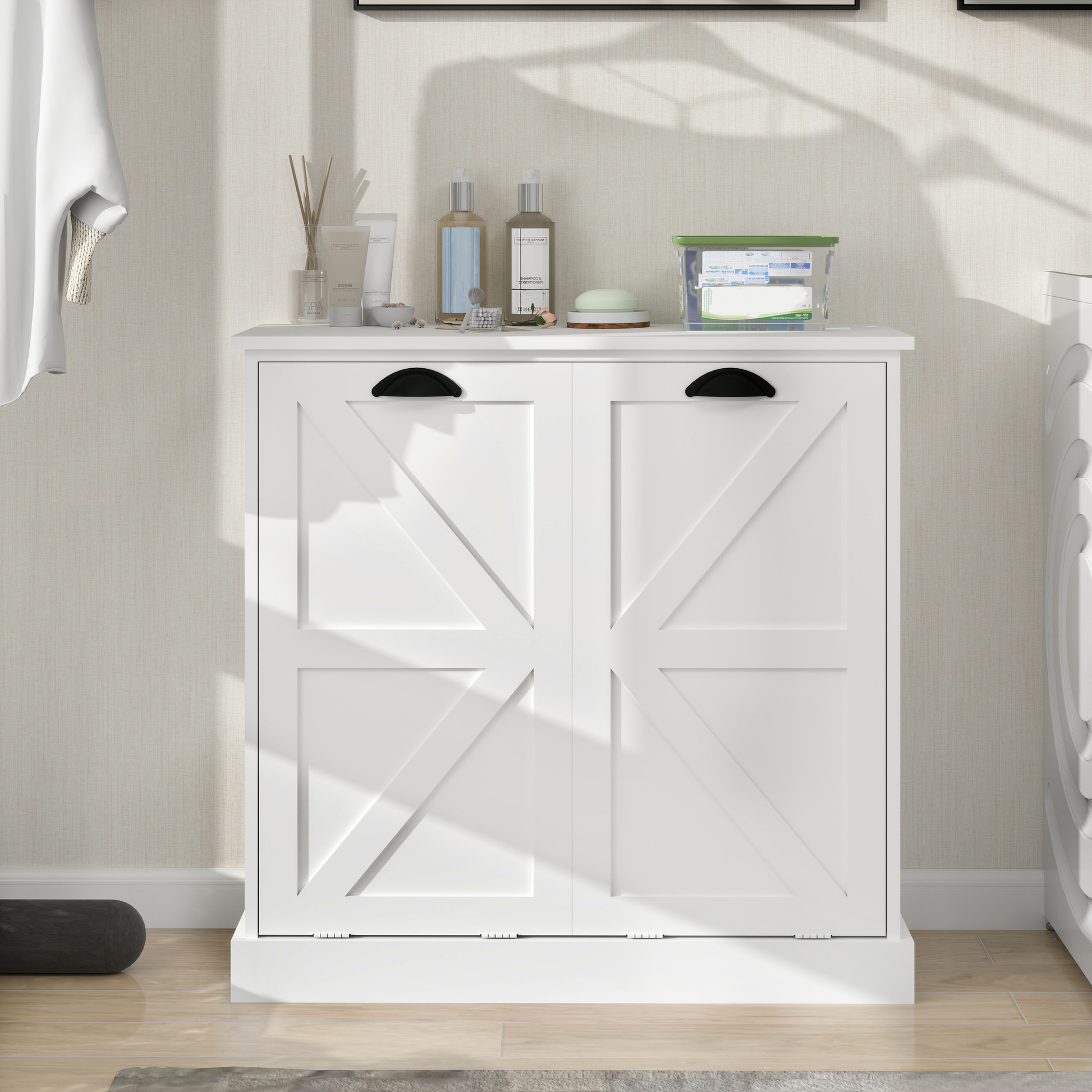 White farmhouse laundry hamper with black cup pull handles