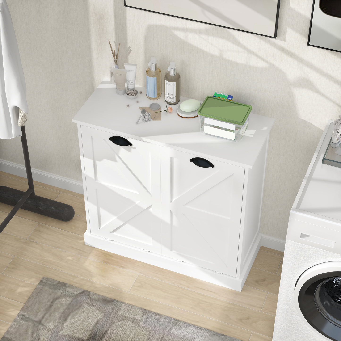 White farmhouse laundry cabinet with Xdesign doors