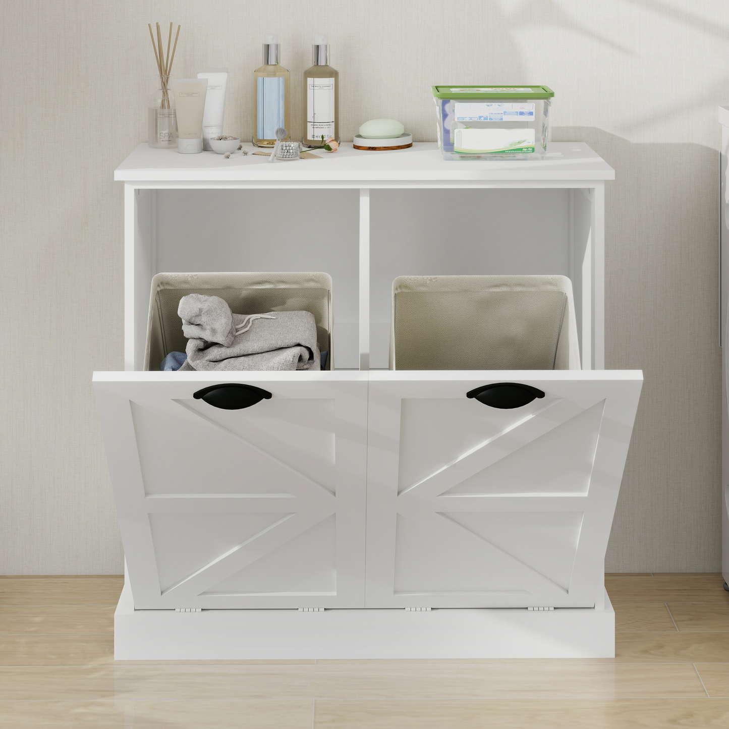 White farmhouse laundry hamper with two fabric bins and a clean modern top surface
