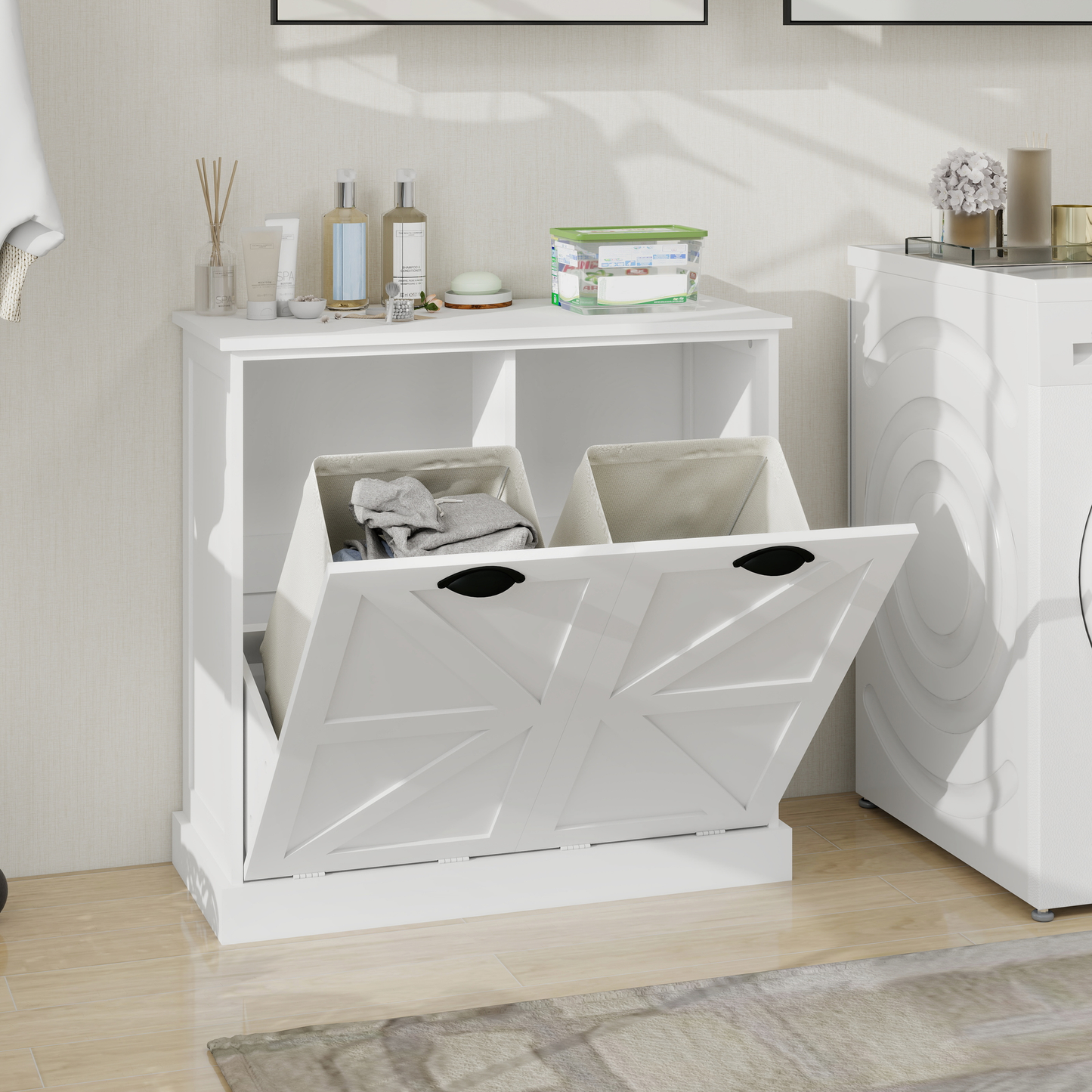 White farmhouse laundry hamper with double doors and removable fabric bins