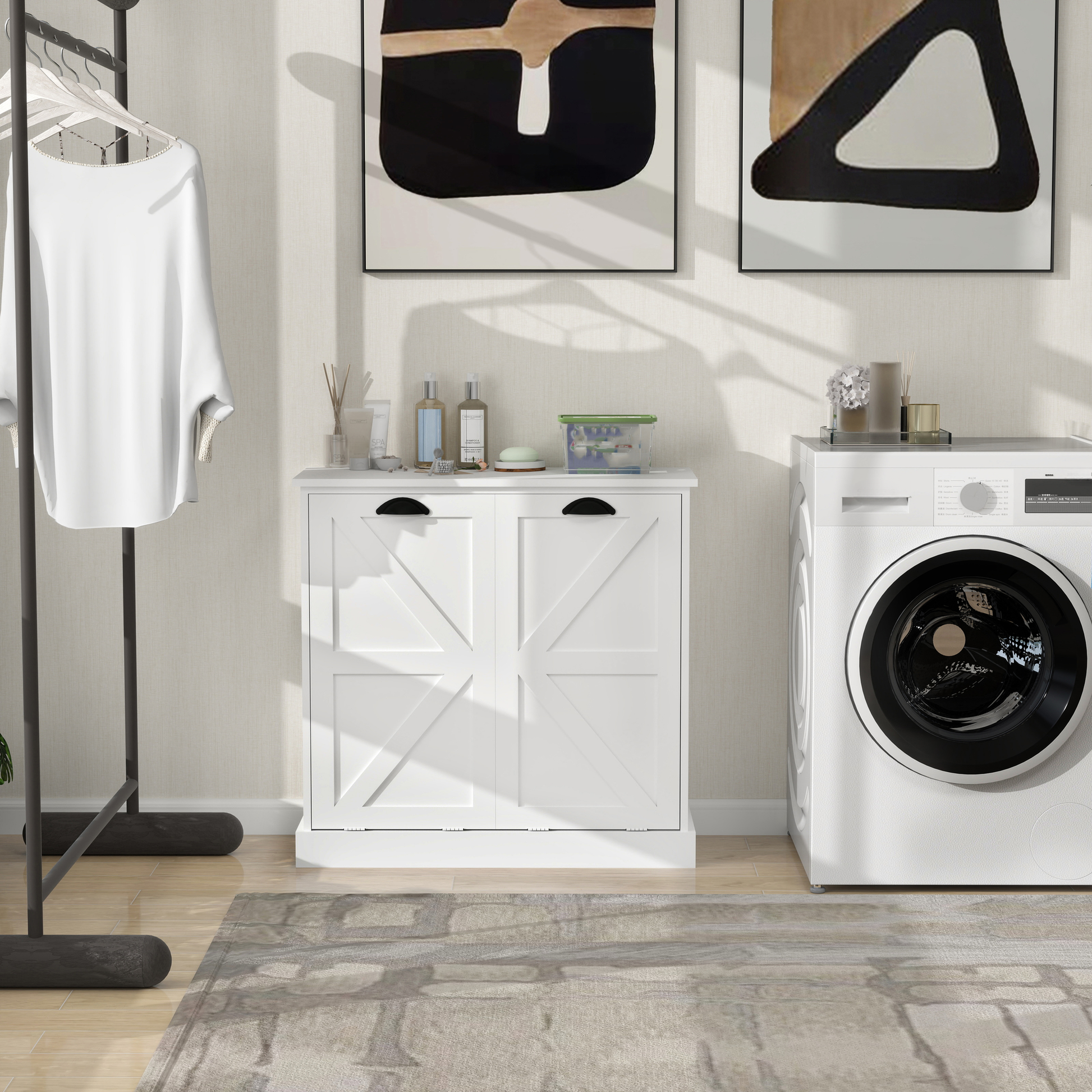 White barn door laundry hamper with black handles