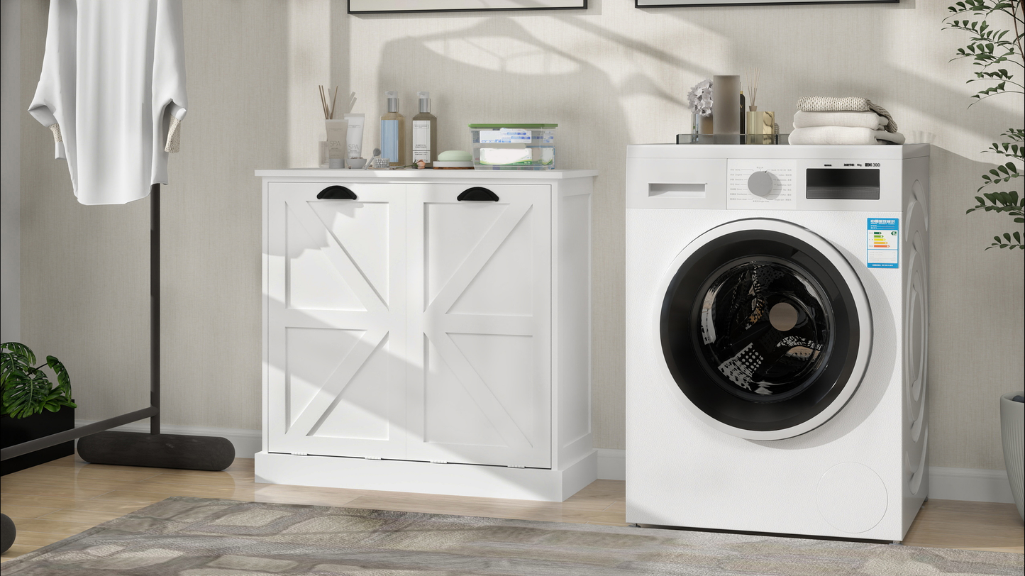 White farmhouse style laundry cabinet with cross panel doors and black handles