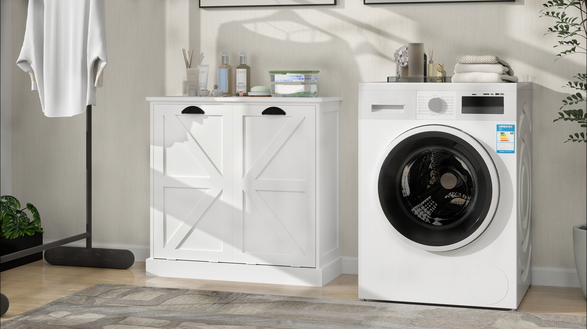 White farmhouse style laundry cabinet with cross panel doors and black handles
