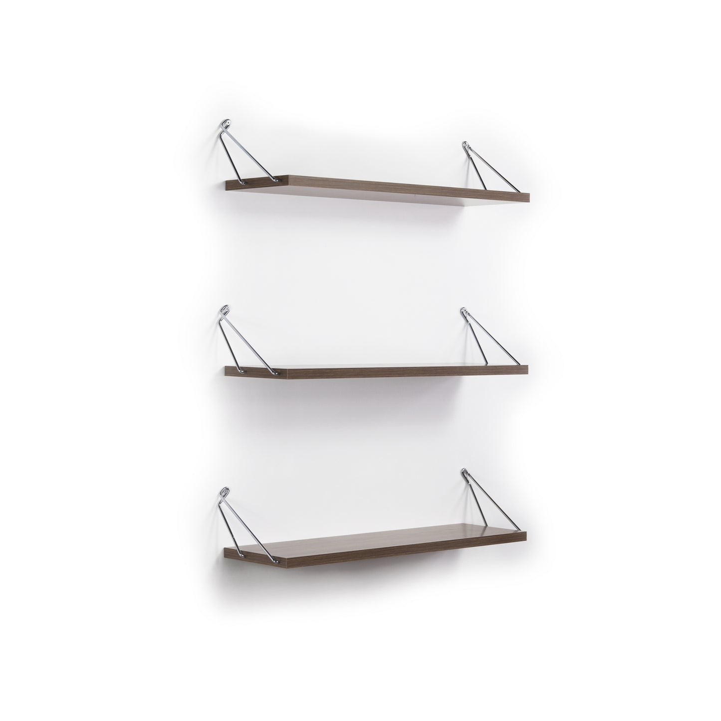 Threetier modern wall shelf with dark wood finish and brushed metal brackets
