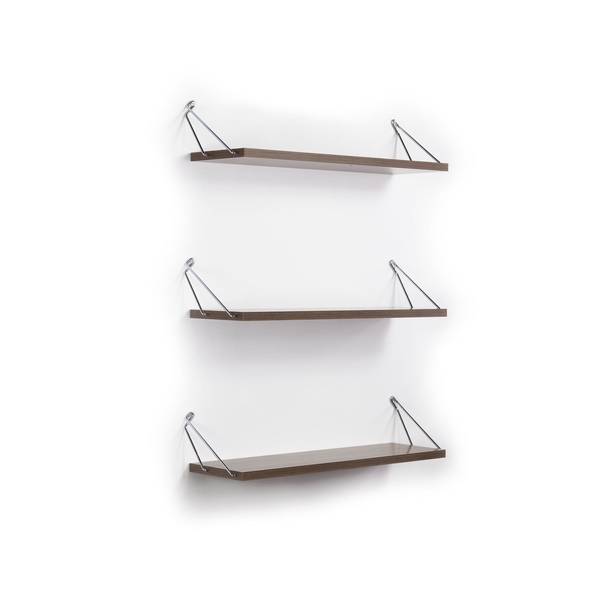 Threetier modern wall shelf with dark wood finish and brushed metal brackets