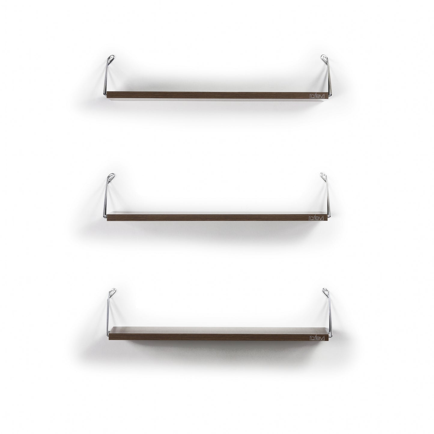 Set of three dark wood wall shelves with sleek chrome brackets