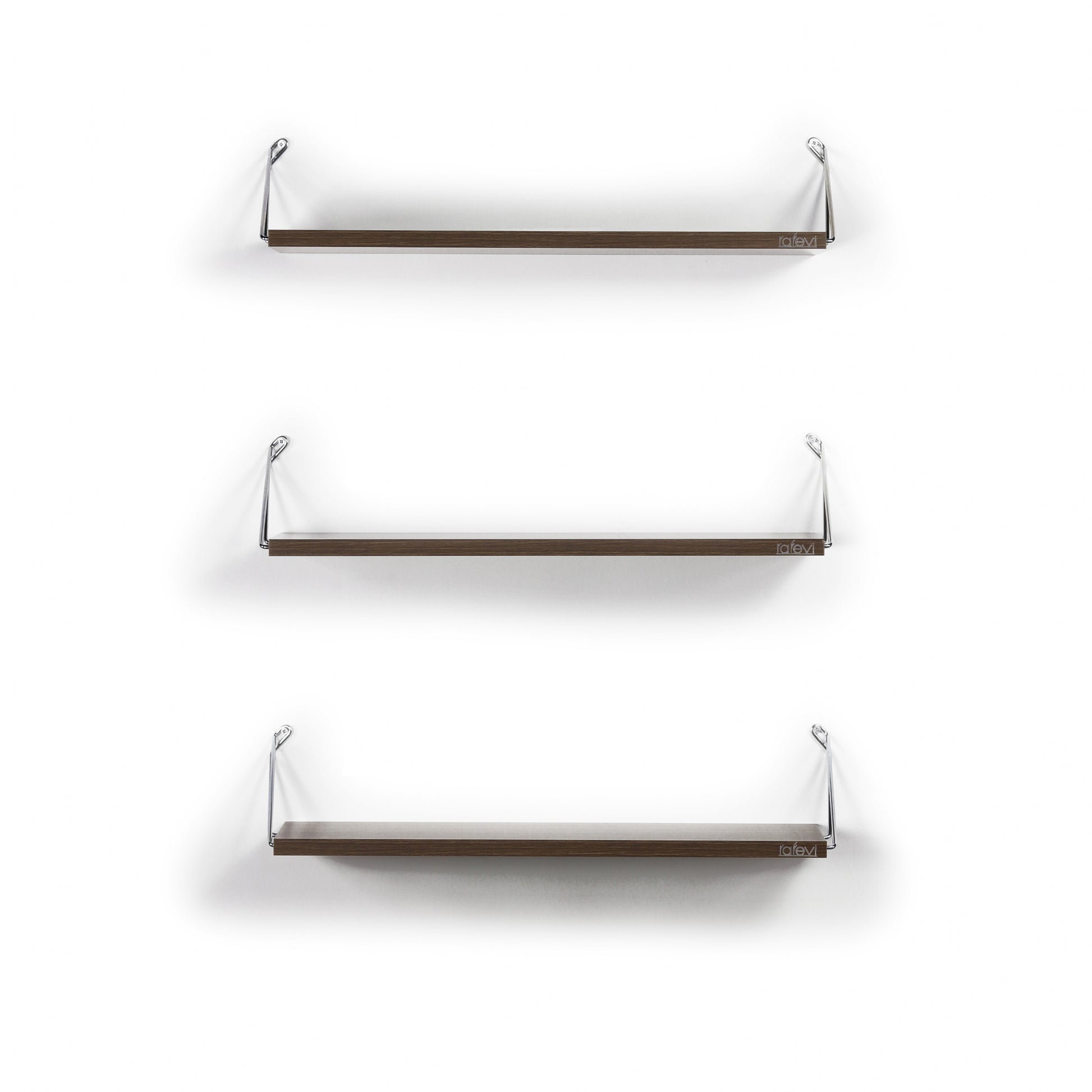 Set of three dark wood wall shelves with sleek chrome brackets
