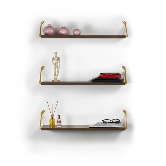 Three floating wooden shelves with unique yellow brackets