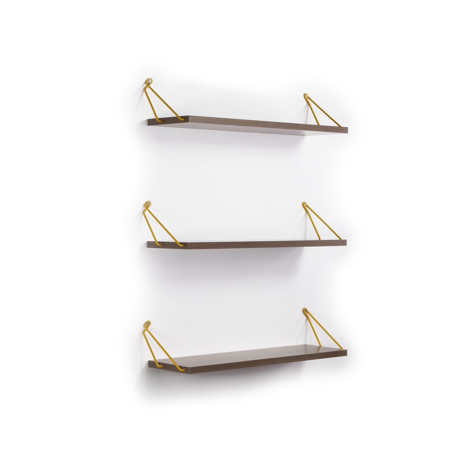 Set of three dark wood wall shelves with yellow wire supports