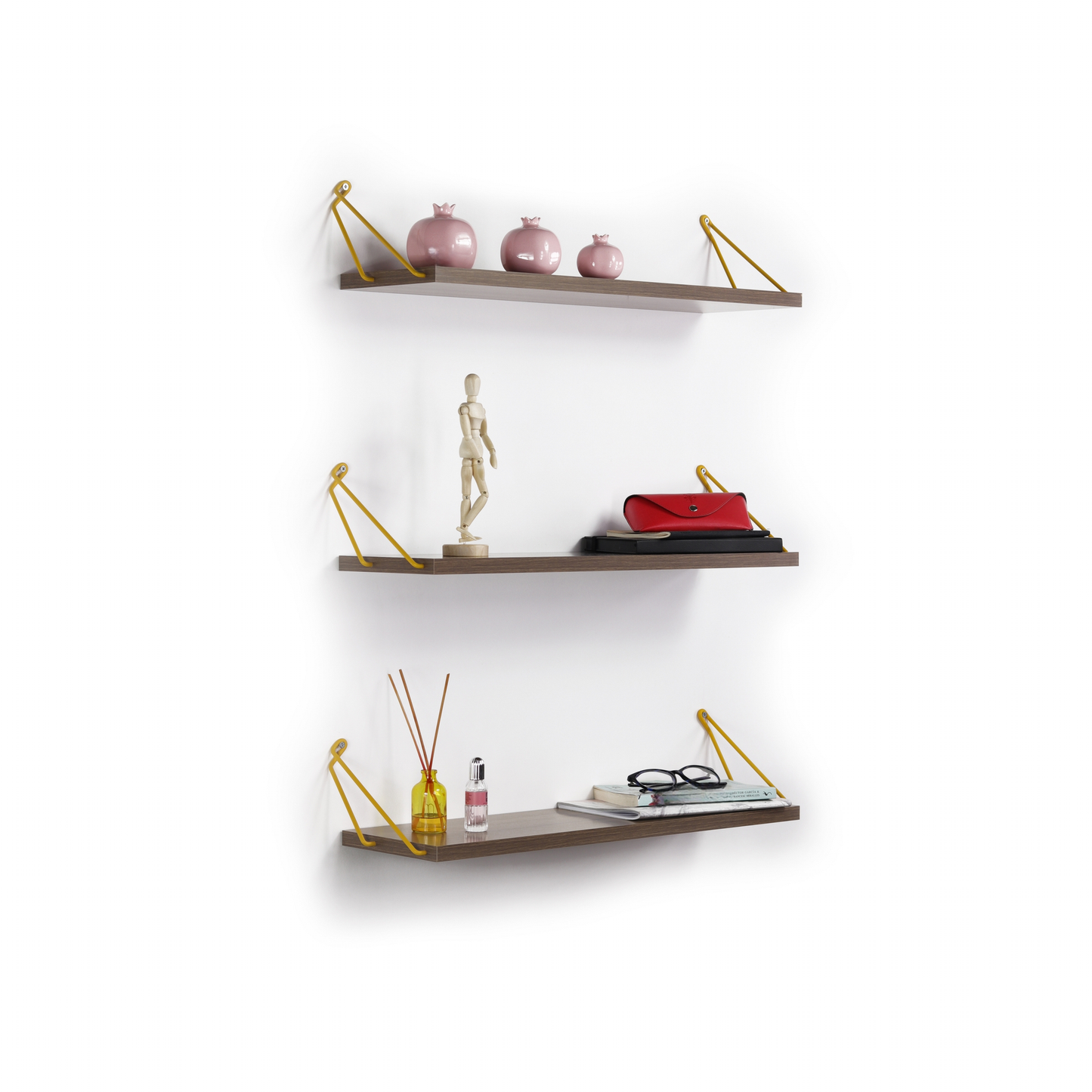 Modern floating shelf with yellow brackets