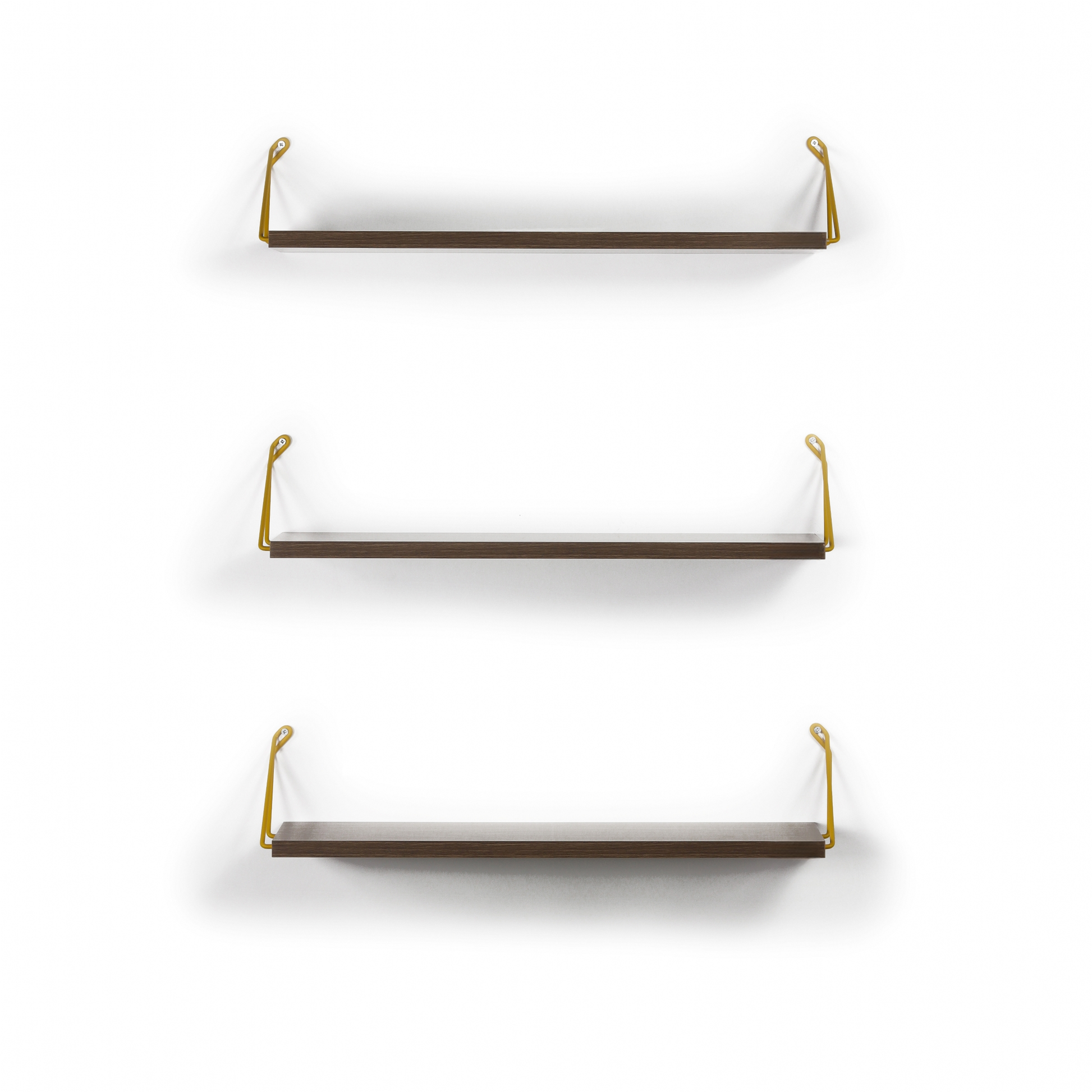 Set of three dark wood floating shelves with minimalist gold brackets for modern decor