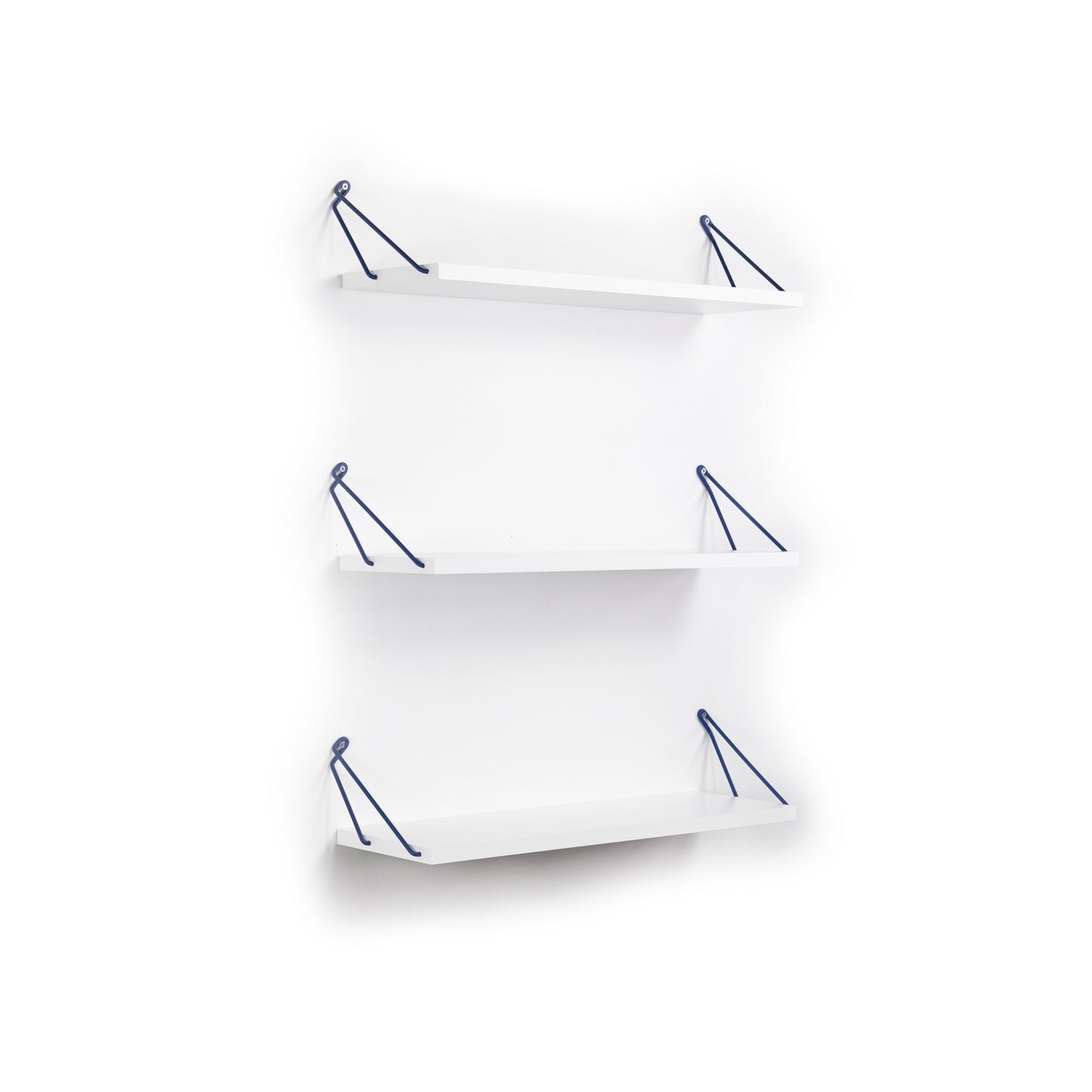 White wall shelves with blue metal supports
