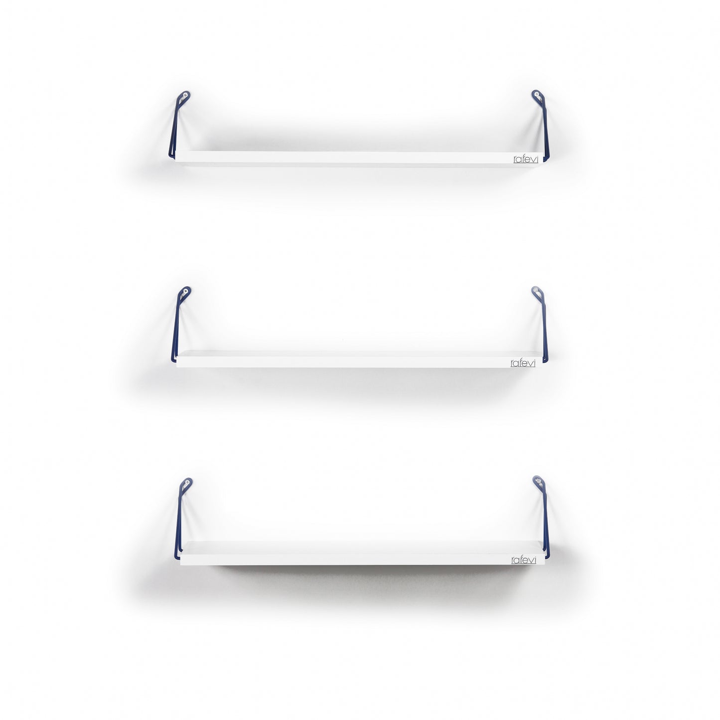 White floating shelf with dark blue mounting brackets