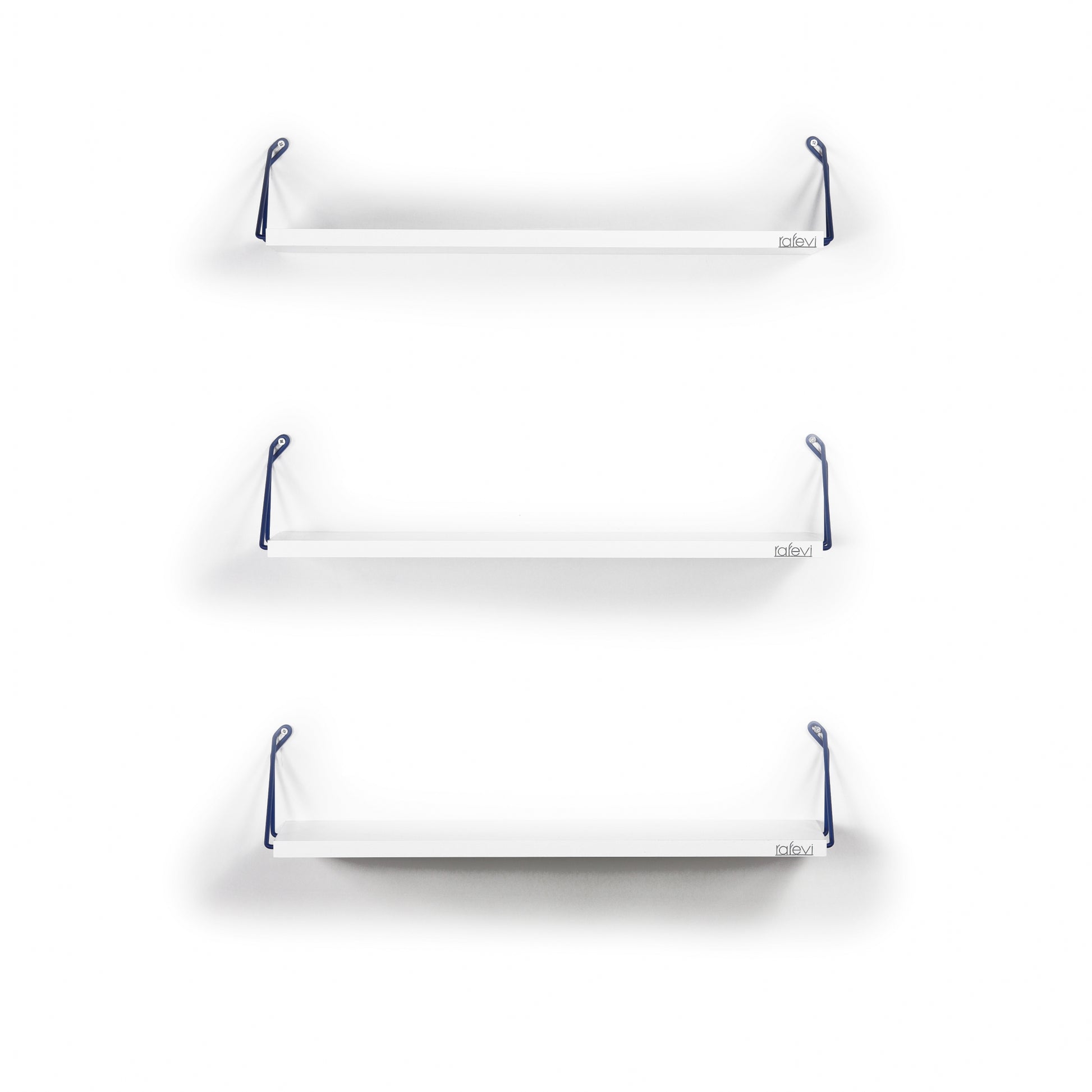 White floating shelf with dark blue mounting brackets